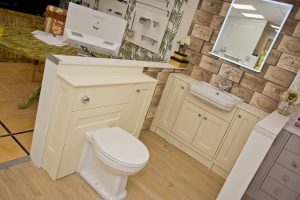 Cream toilet and bath exhibit 5 Ocean Bathrooms By Design showroom picture in Salisbury Wiltshire