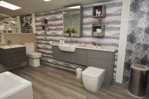 Grey finish display exhibit by Ocean Bathrooms By Design showroom picture in Salisbury Wiltshire